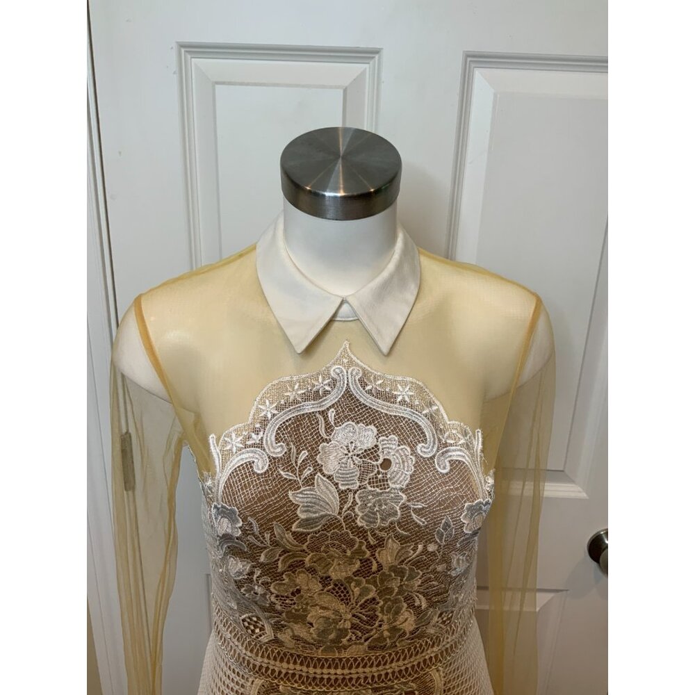 Self-Portrait White Lace Tan Mesh Collared Long Sleeve Fit & Flare Dress, Size 8 - Picture 2 of 8